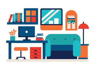 Fototapeta premium Colorful Flat Design of a Study Desk with Books and Files - Home Office or Library Concept