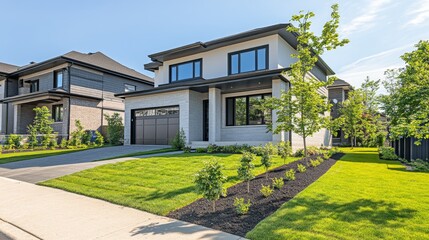 Modern White Brick House with Black Garage Door and Lush Green Lawn
