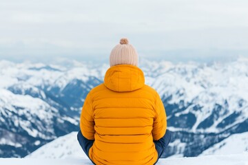 A man wearing an orange knit hat sits peacefully, gazing at the snowy mountain range in the distance.