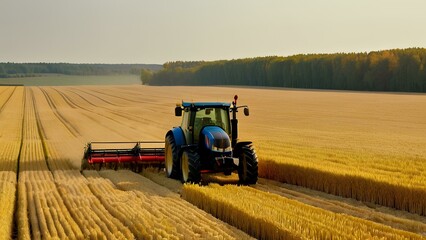 Obraz premium A farmer guides machinery through a vast golden field during autumn,