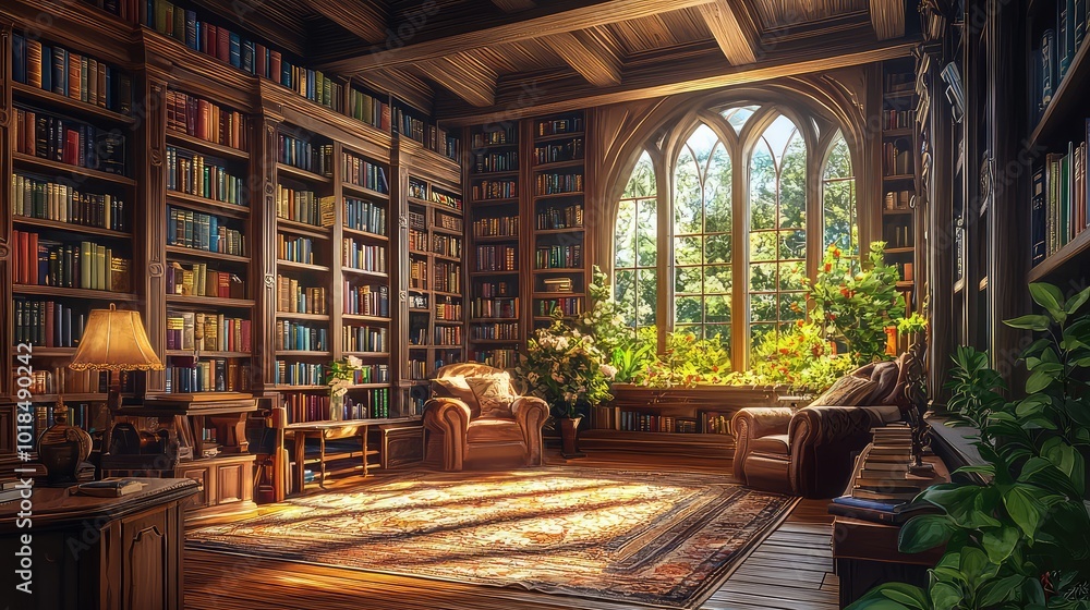 Poster a cozy library filled with books and sunlight streaming through large windows, creating a warm and i