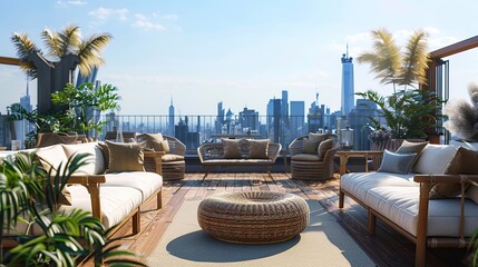 Obraz premium Hotel rooftop terrace with stylish seating and stunning skyline views