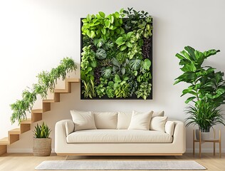 A living room with green wall plants, wooden stairs, and a cream-colored sofa.