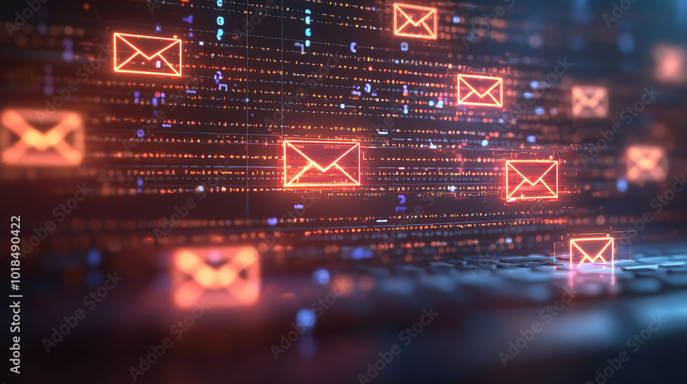 Poster digital representation of emails with glowing icons against dark background, symbolizing communicati