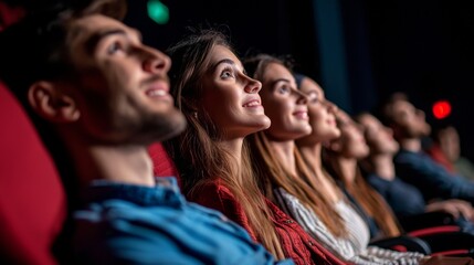 Audience captivated by a movie in a dark theater. Captivated audience in cinema