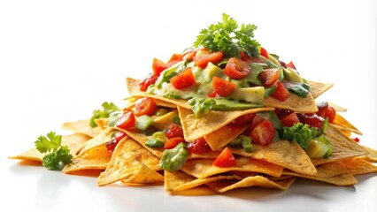 Corn chips piled high with melted cheese, salsa, and guacamole on a white background, Mexican, nachos, corn chips