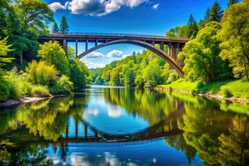 Fototapeta premium A picturesque Cut River Bridge in Michigan, embraced by vibrant greenery and a bright blue sky, shines beautifully on a sunny day. Natureâ€™s masterpiece unfolds.