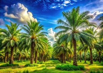 Obraz premium A picturesque tropical vista showcases oil palm trees, their rich green foliage thriving under expansive blue skies, creating an inviting and serene atmosphere for nature lovers.