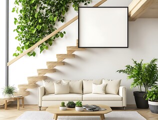 A minimalist living room with white walls, green plant wall art, and wooden stairs.