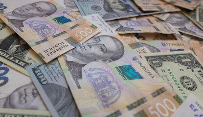 dollar and  500 hryvnyas banknotes background