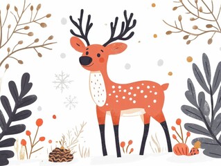 Fototapeta premium Charming illustrated reindeer in a festive Christmas card design Flat minimalist style with decorative elements like antlers pine branches and snowflakes on a clean white background
