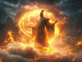 A powerful sorcerer stands before a blazing orb, arms outstretched.