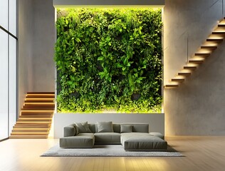 A living room design with a white wall, green plant art, and wooden stairs.