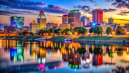 Naklejka premium As dusk falls, the Memphis skyline comes alive with colorful lights reflecting on the river, capturing the vibrant spirit of the city in a breathtaking view.