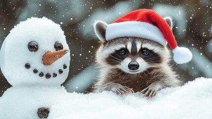 A cute raccoon wearing a Santa hat beside a cheerful snowman in a snowy winter wonderland, capturing the spirit of the season.