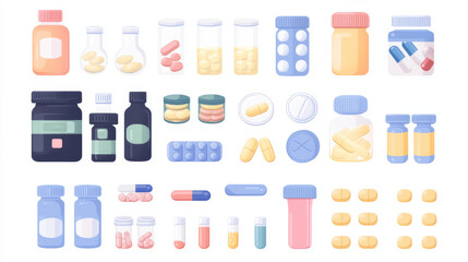 A collection of different types of medicine, including pills, capsules, liquid bottles, and tubes. This illustration shows common medications and supplements in a simple, flat style.