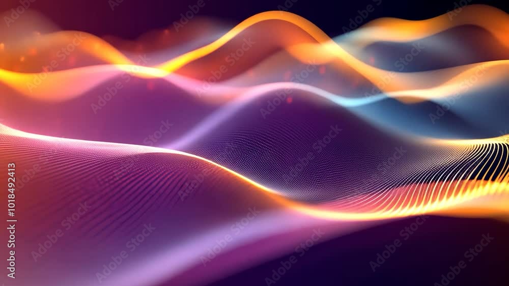 Poster abstract colorful digital wave forms flow gracefully, surrounded by luminous particles that drift an