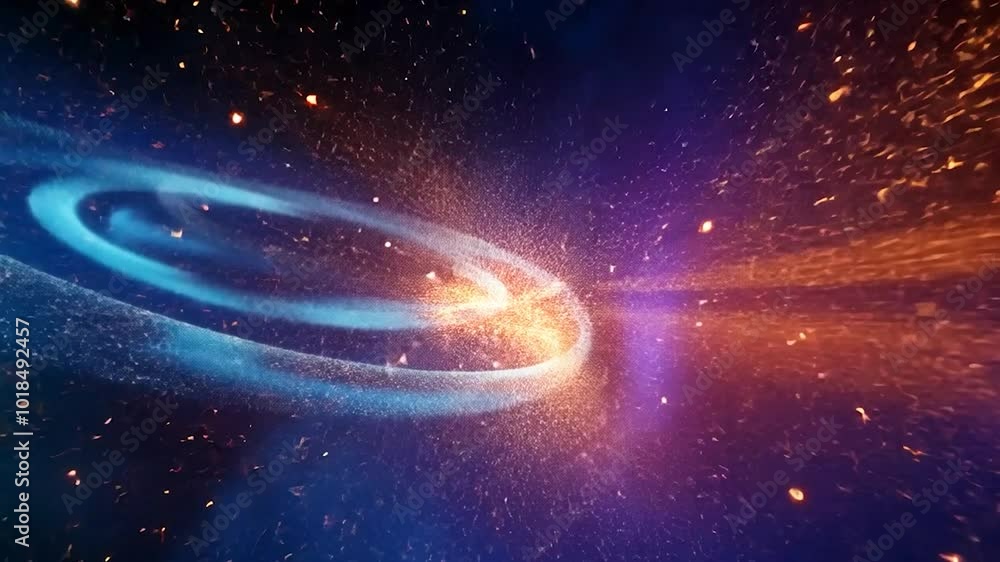 Poster blue stream of energy is entering a rotating spiral galaxy, creating a bright light and sending spar