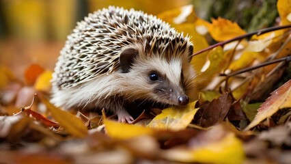 Fototapeta premium A hedgehog forages in a vibrant autumn garden, surrounded by fallen leaves
