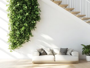 Lush greenery in a living room with vertical garden wall art.