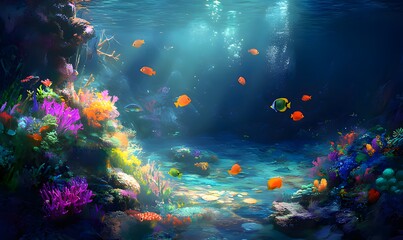 Fototapeta premium A vibrant underwater scene with colorful coral reefs, schools of fish, and sunlight filtering through the water. 