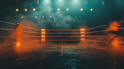 boxing ring glows under bright spotlights with smoke drifting across the mat. Shadows envelop the ropes creating an intense and dramatic Fight Night ambiance.