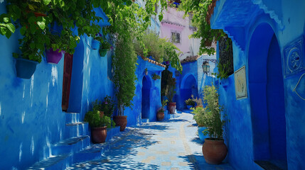 Fototapeta premium The blue streets of Chefchaouen, with narrow alleys lined with vibrant blue walls and potted plants