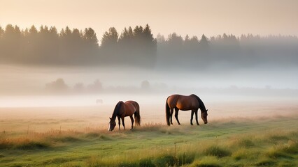Obraz premium Horses graze peacefully in a mist-covered field at sunrise during autumn. The soft light and fog create a serene and tranquil atmosphere in this rural scene.