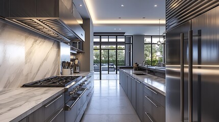 Fototapeta premium Modern kitchen with stainless steel appliances and marble countertops.