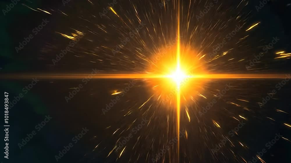 Poster golden light expands with shimmering particles against a deep black background, creating a mesmerizi