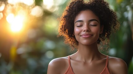 Woman Calmly Checking for Breast Lumps in Natural Setting