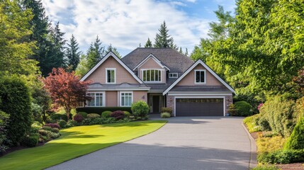 Naklejka premium A Suburban Home with a Paved Driveway Surrounded by Lush Greenery