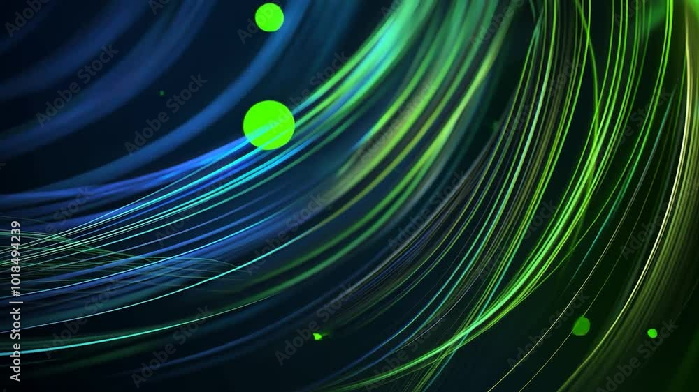 Poster abstract animation showcases green particles flowing and bouncing against a dark background, enhance