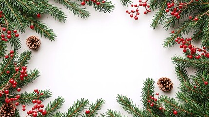 Elegant Christmas frame with festive decorations, including pine branches, red and gold ornaments, perfect for seasonal greetings and holiday designs.