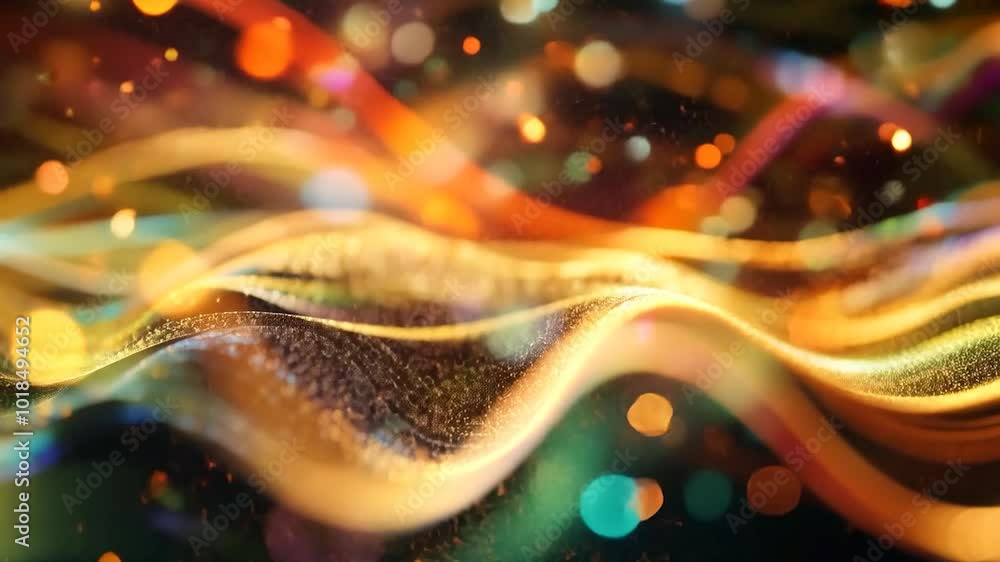 Aufkleber golden particles flowing and sparkling, creating abstract waves with a blurry bokeh effect. ideal fo