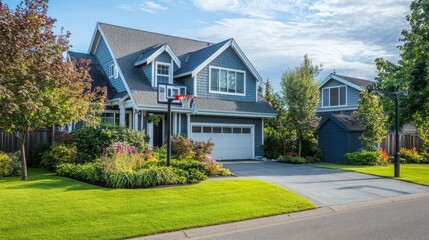 Blue House with Garage and Basketball Hoop in Front Yard