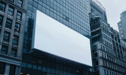 Large blank billboard mockup on a high-rise building in a financial district