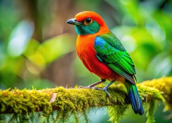 Fototapeta premium A stunning Ginnie bird rests gracefully on a branch, surrounded by vibrant greenery, basking in the sunlight on a bright, beautiful day in the forest.