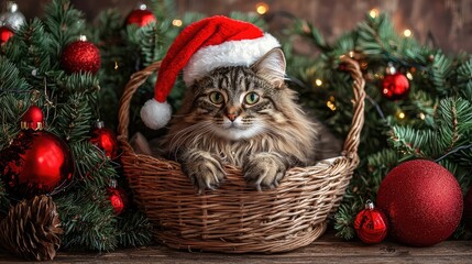 A festive cat wearing a Santa hat nestled in a basket surrounded by Christmas decorations, perfect for holiday themes.