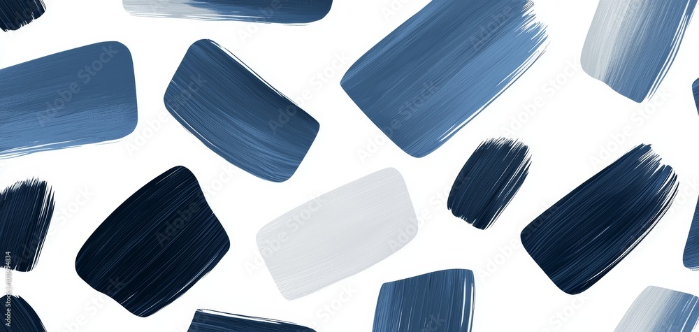Poster abstract brushstrokes in muted blue tones, arranged randomly across a white background for a dynamic