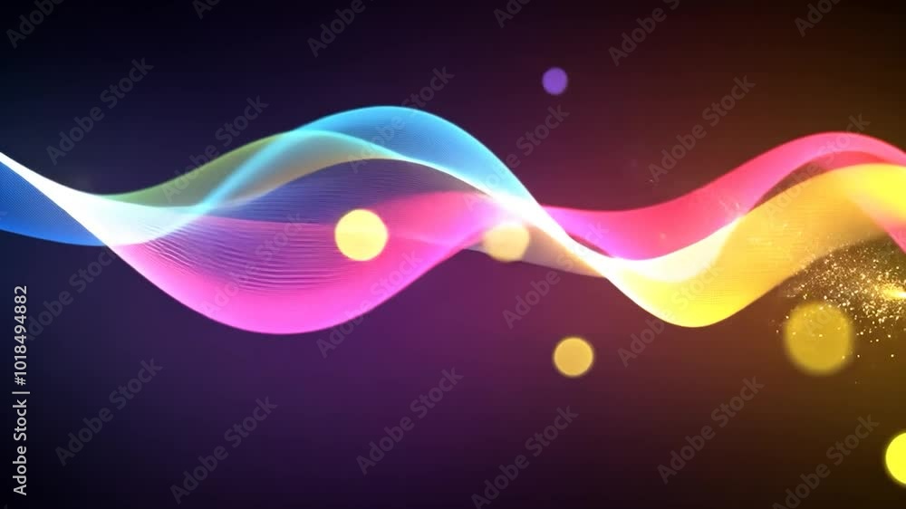 Poster colorful abstract wave is flowing on dark background with bokeh lights. perfect seamless loop for te