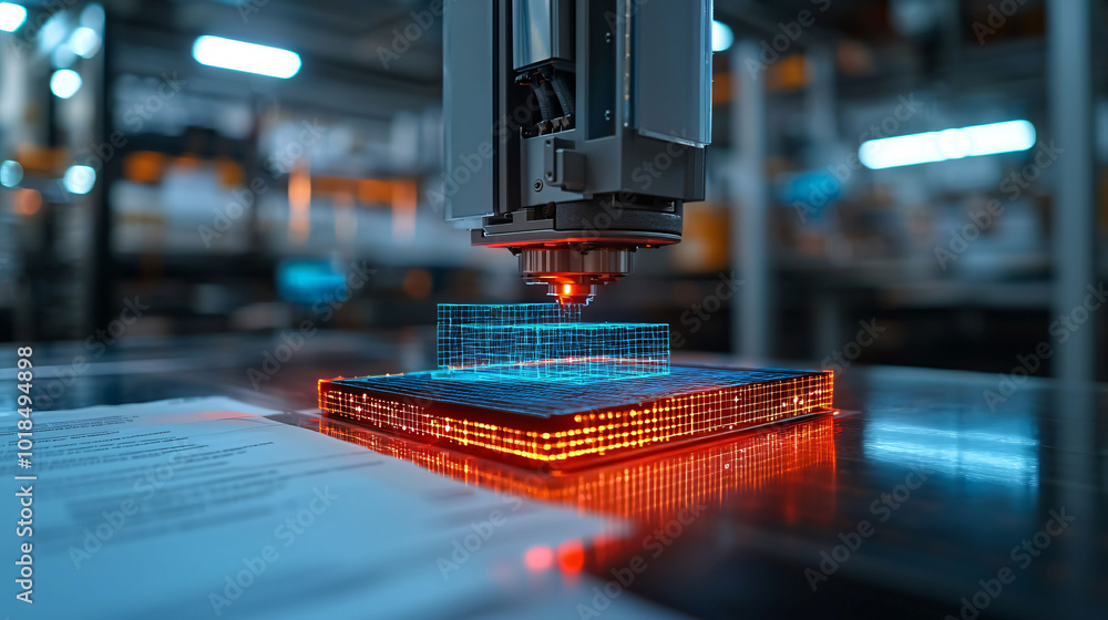 Poster image showcases high tech laser cutting machine in action, focusing on glowing grid pattern on workp