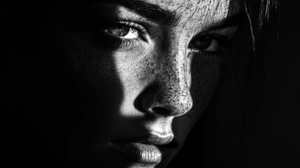 A black-and-white portrait of a person with dramatic lighting, casting deep shadows on one side of their face