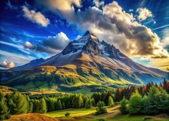 Fototapeta premium A stunning square-topped mountain presides over a peaceful valley, illuminated by a brilliant blue sky dotted with delicate, fluffy clouds drifting gently.