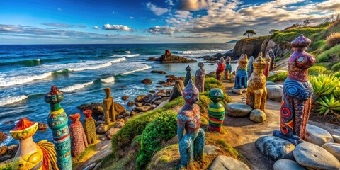 Fototapeta premium A stunning seaside panorama showcases unique sculptures along the shoreline, enhancing the natural beauty of the coast and inviting admiration from all who visit.