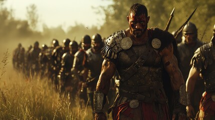 A fierce warrior leads an army through tall grass, showcasing strength and determination in a historical battle scene.