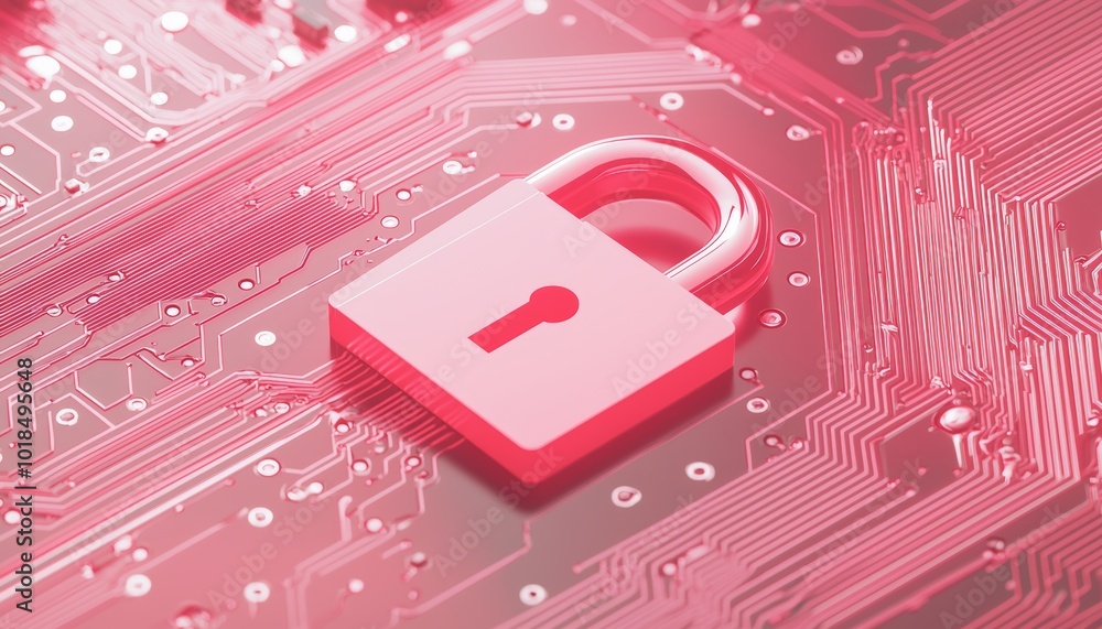 Aufkleber close-up of a digital padlock on a bright circuit board, representing data protection, secure networ