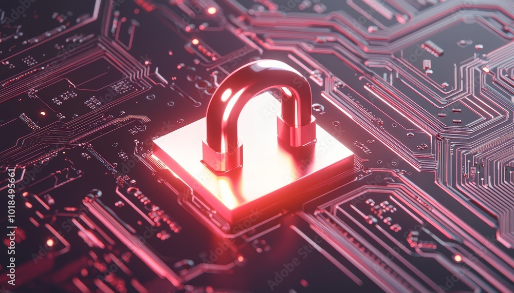Aufkleber close-up of a digital padlock on a bright circuit board, representing data protection, secure networ