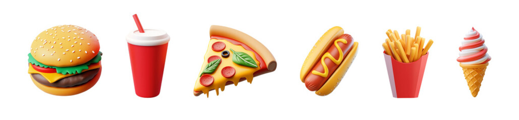 Collection set of 3d fast food icons isolated on transparent or white background, png