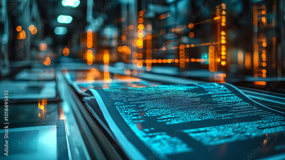 Poster image showcases futuristic setting with glowing digital data on printed pages, emphasizing integrati